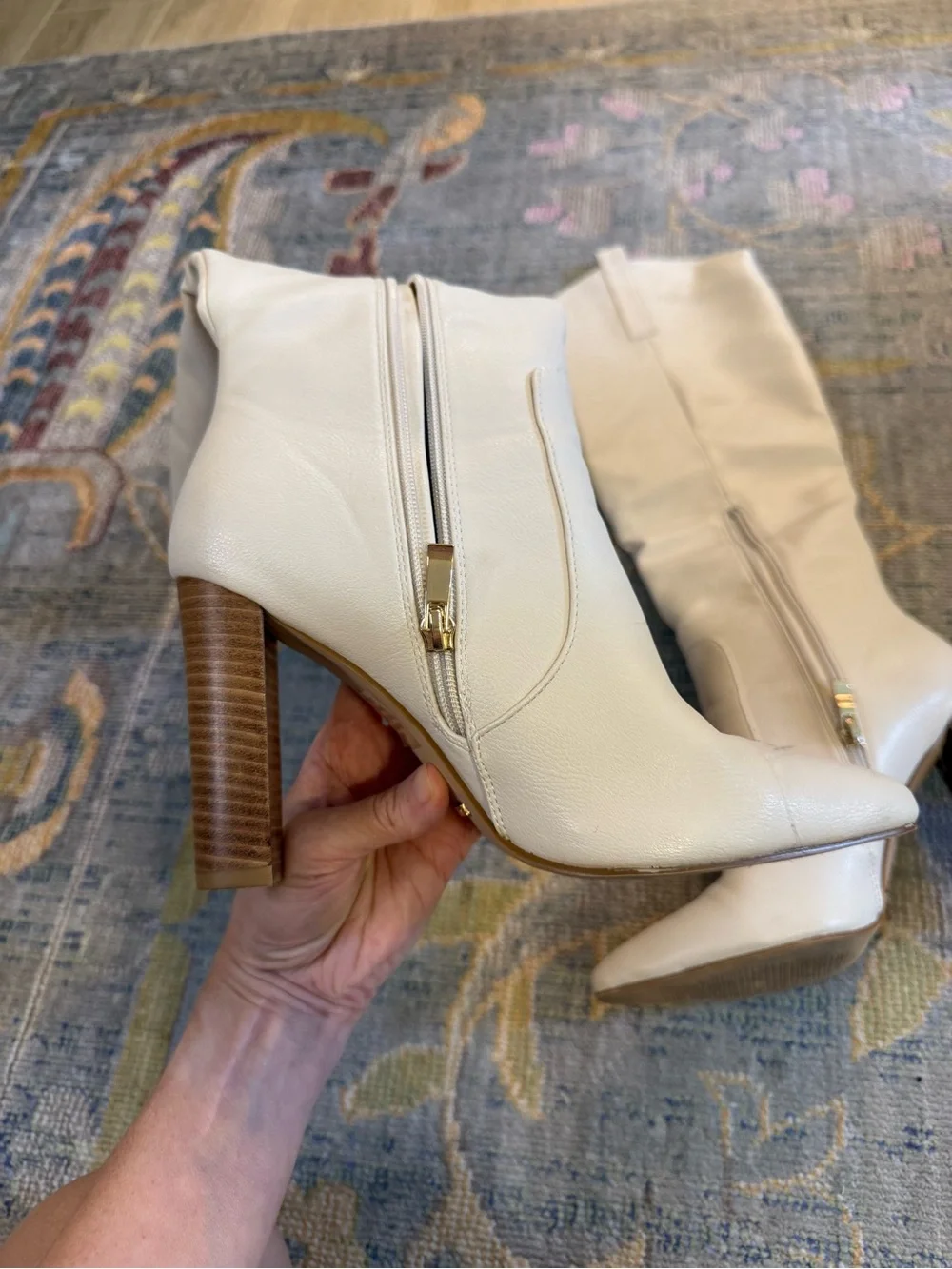 Kailani Cream Off White Leather Knee-High Stacked Heel Boots with Pointed Toe